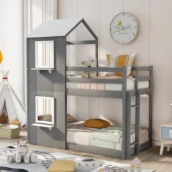 Twin Over Twin Wood Bunk Bed With Roof, Window, Guardrail, And Ladder-ModernLuxe -Kids’ Furniture Store GUEST 039cf7b3 231f 4805 9724 7151e3340fe3