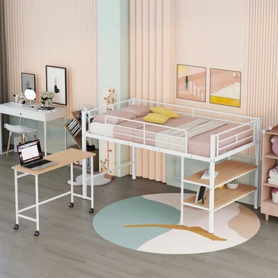 Twin Size Metal Loft Bed With Desk And Shelves - ModernLuxe 1 Twin Size Metal Loft Bed With Desk And Shelves - ModernLuxe