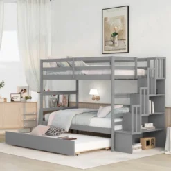 Twin Over Twin Bunk Bed With Trundle, Stairs And Storage Shelves-ModernLuxe