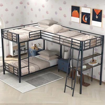 L-Shaped Twin Over Twin Bunk Bed With Twin Size Loft Bed With Desk And Shelf , Brown - ModernLuxe 2 L-Shaped Twin Over Twin Bunk Bed With Twin Size Loft Bed With Desk And Shelf , Brown - ModernLuxe - Image 2