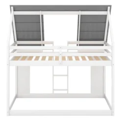 Twin Over Twin Wood House Bunk Bed With Roof And Built-in Ladder, White-ModernLuxe -Kids’ Furniture Store GUEST 36022c20 211f 4488 b117 e5f3747a4195
