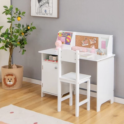 Costway Kids Desk And Chair Set Study Writing Workstation With Bookshelf & Bulletin Board 1 Costway Kids Desk And Chair Set Study Writing Workstation With Bookshelf & Bulletin Board