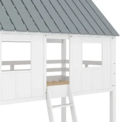 Twin Over Twin Low Bunk Beds With House Shaped Roof And Guardrail, White-ModernLuxe -Kids’ Furniture Store GUEST 462b17b4 801d 456b 8355 689dcef66273