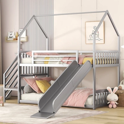 Twin Over Twin Metal Bunk Bed House Bed With Slide And Staircase-ModernLuxe 2 Twin Over Twin Metal Bunk Bed House Bed With Slide And Staircase-ModernLuxe - Image 2