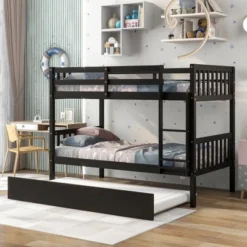 Twin Over Twin Wood Bunk Bed With Trundle, Safety Rail And Ladder-ModernLuxe -Kids’ Furniture Store GUEST 605c8df9 bf99 4241 a632 0516ae8f6f0f