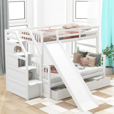 Twin Over Full Bunk Bed With Drawers,Storage Staircase And Slide-ModernLuxe 1 Twin Over Full Bunk Bed With Drawers,Storage Staircase And Slide-ModernLuxe
