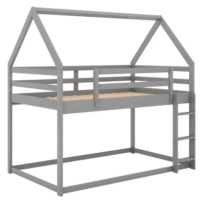 Twin Over Twin House Shaped Bunk Bed With Ladder And Guardrail-ModernLuxe 4 Twin Over Twin House Shaped Bunk Bed With Ladder And Guardrail-ModernLuxe - Image 4