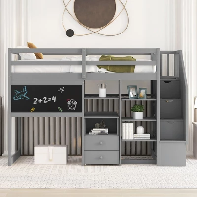 Twin Size Wood Loft Bed With Pullable Desk, Storage Shelves,Staircase And Blackboard-ModernLuxe 1 Twin Size Wood Loft Bed With Pullable Desk, Storage Shelves,Staircase And Blackboard-ModernLuxe