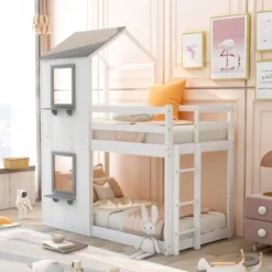 Twin Over Twin Wood Bunk Bed With Roof, Window, Guardrail, And Ladder-ModernLuxe -Kids’ Furniture Store GUEST 6e6fd1cf 516e 4e5e a119 f473fa0d3510