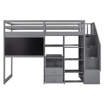 Twin Size Wood Loft Bed With Pullable Desk, Storage Shelves,Staircase And Blackboard-ModernLuxe 4 Twin Size Wood Loft Bed With Pullable Desk, Storage Shelves,Staircase And Blackboard-ModernLuxe - Image 4