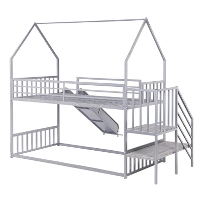 Twin Over Twin Metal Bunk Bed House Bed With Slide And Staircase-ModernLuxe 8 Twin Over Twin Metal Bunk Bed House Bed With Slide And Staircase-ModernLuxe - Image 8
