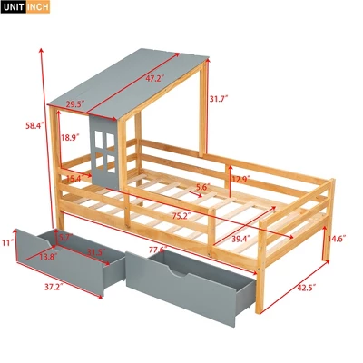 Twin Size House Low Loft Bed With Two Storage Drawers - ModernLuxe 2 Twin Size House Low Loft Bed With Two Storage Drawers - ModernLuxe - Image 2
