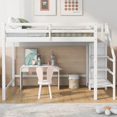 Full Size Loft Bed With Built-in Storage Wardrobe And Stairs-ModernLuxe 1 Full Size Loft Bed With Built-in Storage Wardrobe And Stairs-ModernLuxe