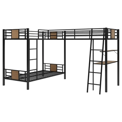 L-Shaped Twin Over Twin Bunk Bed With Twin Size Loft Bed With Desk And Shelf , Brown - ModernLuxe 4 L-Shaped Twin Over Twin Bunk Bed With Twin Size Loft Bed With Desk And Shelf , Brown - ModernLuxe - Image 4