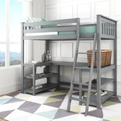 Max & Lily Twin-Size High Loft Bed With Wraparound Desk & Shelves