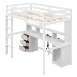 Loft Bed With Multi-Function Storage Table, LED Lights, Bedside Tray And Charging Station, White - ModernLuxe -Kids’ Furniture Store GUEST 83c6dc15 e7f5 465a 90b5 55e23689c23e