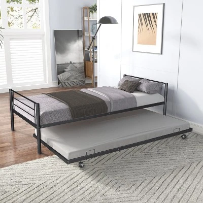 Twin Over Twin Metal Bunk Bed With Trundle Bed And Ladders-ModernLuxe 1 Twin Over Twin Metal Bunk Bed With Trundle Bed And Ladders-ModernLuxe