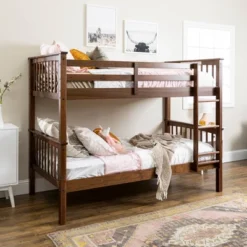 Twin Over Twin Transitional Cottage Solid Pine Bunk Bed Walnut - Saracina Home