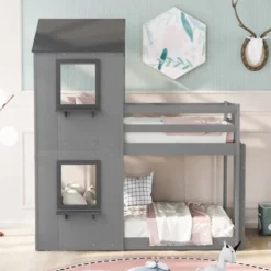 Twin Over Twin Wood Bunk Bed With Roof, Window, Guardrail, And Ladder-ModernLuxe -Kids’ Furniture Store GUEST 88b4a82b 4dcb 4d40 9a1e 1b76c37ad257