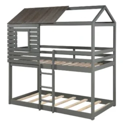 Twin Over Twin Wood Bunk Bed With Roof, Window, Guardrail, Ladder Gray-ModernLuxe -Kids’ Furniture Store GUEST 92315a95 ed0e 496c 93fe 63415b3cdbb8