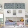 Twin Over Twin Low Bunk Beds With House Shaped Roof And Guardrail, White-ModernLuxe