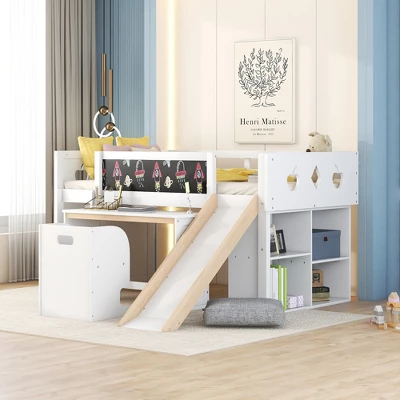 Wood Loft Bed With Slide, Cabinets, Blackboard, Desk And Chair-ModernLuxe 1 Wood Loft Bed With Slide, Cabinets, Blackboard, Desk And Chair-ModernLuxe
