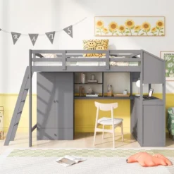 Twin Size Loft Bed With Wardrobe, Drawers And Desk With Shelves - ModernLuxe