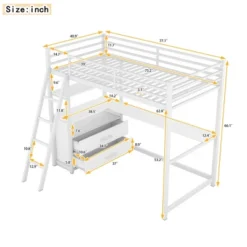 Twin Size Metal Loft Bed With Desk, Shelves And Two Built-in Drawers - ModernLuxe -Kids’ Furniture Store GUEST 9e68af02 de10 40ec a894 246ba0ac9446