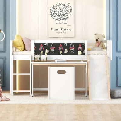 Wood Loft Bed With Slide, Cabinets, Blackboard, Desk And Chair-ModernLuxe 2 Wood Loft Bed With Slide, Cabinets, Blackboard, Desk And Chair-ModernLuxe - Image 2