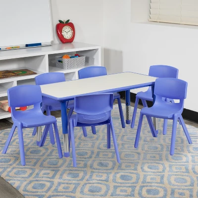 Emma And Oliver 23.625"W X 47.25"L Rectangular Plastic Height Adjustable Activity Table Set With 6 Chairs 1 Emma And Oliver 23.625"W X 47.25"L Rectangular Plastic Height Adjustable Activity Table Set With 6 Chairs