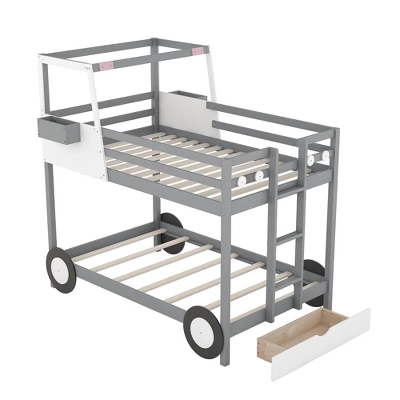 Twin Over Twin Car-Shaped Bunk Bed With Wheels, Drawers And Shelves, Gray - ModernLuxe 5 Twin Over Twin Car-Shaped Bunk Bed With Wheels, Drawers And Shelves, Gray - ModernLuxe - Image 5