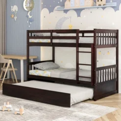 Costway Twin Over Twin Bunk Bed With Twin Trundle Solid Wood Frame Espresso/White -Kids’ Furniture Store GUEST a765f096 c2e7 4e47 a740 115ae8f305c5