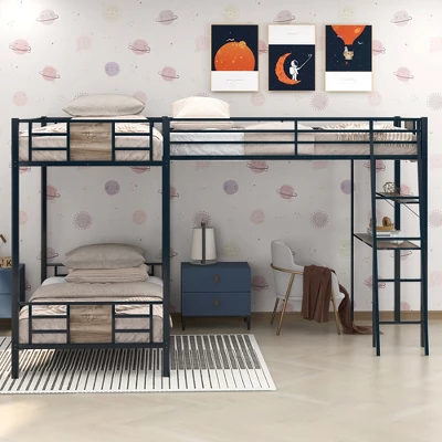 L-Shaped Twin Over Twin Bunk Bed With Twin Size Loft Bed With Desk And Shelf , Brown - ModernLuxe 1 L-Shaped Twin Over Twin Bunk Bed With Twin Size Loft Bed With Desk And Shelf , Brown - ModernLuxe
