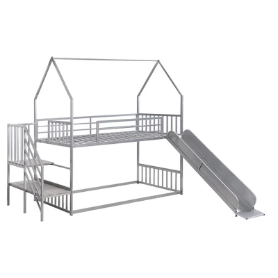 Twin Over Twin Metal Bunk Bed House Bed With Slide And Staircase-ModernLuxe 6 Twin Over Twin Metal Bunk Bed House Bed With Slide And Staircase-ModernLuxe - Image 6