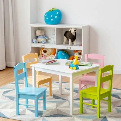Costway 5 Pieces Kids Wood Table & Chair Set For 2-6 Years Colorful 2 Costway 5 Pieces Kids Wood Table & Chair Set For 2-6 Years Colorful - Image 2