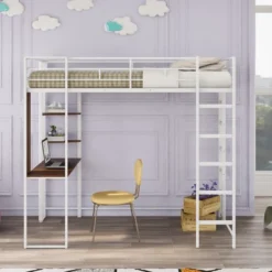 Twin Metal Loft Bed With 2 Shelves And Desk - ModernLuxe