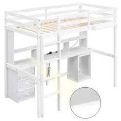 Loft Bed With Multi-Function Storage Table, LED Lights, Bedside Tray And Charging Station, White - ModernLuxe -Kids’ Furniture Store GUEST c2675a28 6090 4a91 8e6a 122b69e817e7