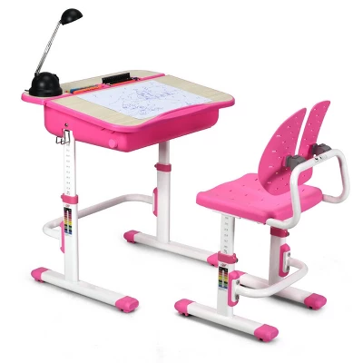 Costway Adjustable Children Study Desk Chair Set W/Winged Backrest Pink 9 Costway Adjustable Children Study Desk Chair Set W/Winged Backrest Pink - Image 9