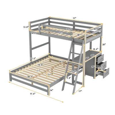 Twin Over Full Bunk Bed With Built-in Desk, Ladder And Three Drawers-ModernLuxe 2 Twin Over Full Bunk Bed With Built-in Desk, Ladder And Three Drawers-ModernLuxe - Image 2