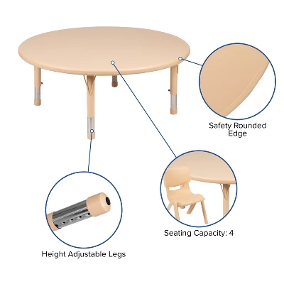 Emma And Oliver 45" Round Natural Plastic Height Adjustable Activity Table - School Table For 4 2 Emma And Oliver 45" Round Natural Plastic Height Adjustable Activity Table - School Table For 4 - Image 2