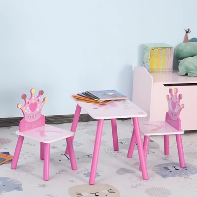 Qaba 3-Piece Kids Wooden Table And Chair Set With Crown Pattern Gift For Girls Toddlers Arts Reading Writing Age 2-4 Years Pink 2 Qaba 3-Piece Kids Wooden Table And Chair Set With Crown Pattern Gift For Girls Toddlers Arts Reading Writing Age 2-4 Years Pink - Image 2