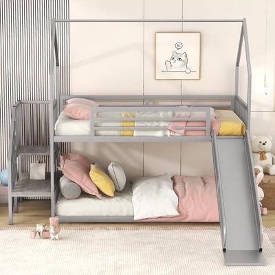 Twin Over Twin Metal Bunk Bed House Bed With Slide And Staircase-ModernLuxe 1 Twin Over Twin Metal Bunk Bed House Bed With Slide And Staircase-ModernLuxe