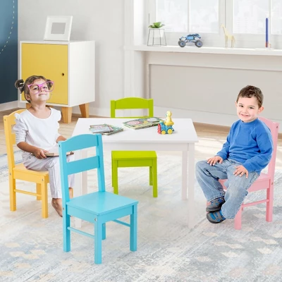 Costway 5 Pieces Kids Wood Table & Chair Set For 2-6 Years Colorful 4 Costway 5 Pieces Kids Wood Table & Chair Set For 2-6 Years Colorful - Image 4