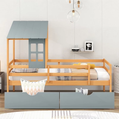 Twin Size House Low Loft Bed With Two Storage Drawers - ModernLuxe 1 Twin Size House Low Loft Bed With Two Storage Drawers - ModernLuxe
