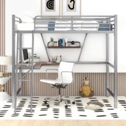 Twin Size Loft Metal Bed With Desk And Shelves - ModernLuxe