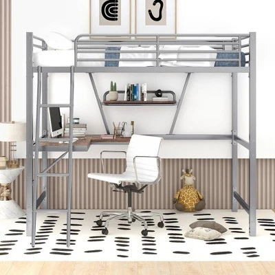 Twin Size Loft Metal Bed With Desk And Shelves - ModernLuxe 1 Twin Size Loft Metal Bed With Desk And Shelves - ModernLuxe