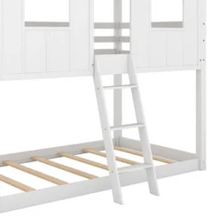 Twin Over Twin Low Bunk Beds With House Shaped Roof And Guardrail, White-ModernLuxe -Kids’ Furniture Store GUEST f701df88 344a 4153 a870 577797c403a1