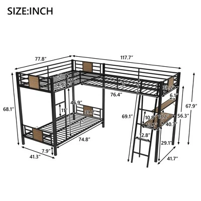 L-Shaped Twin Over Twin Bunk Bed With Twin Size Loft Bed With Desk And Shelf , Brown - ModernLuxe 3 L-Shaped Twin Over Twin Bunk Bed With Twin Size Loft Bed With Desk And Shelf , Brown - ModernLuxe - Image 3