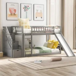 Stairway Twin Over Twin Bunk Bed With Two Drawers And Slide-ModernLuxe