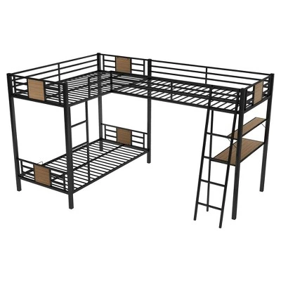 L-Shaped Twin Over Twin Bunk Bed With Twin Size Loft Bed With Desk And Shelf , Brown - ModernLuxe 5 L-Shaped Twin Over Twin Bunk Bed With Twin Size Loft Bed With Desk And Shelf , Brown - ModernLuxe - Image 5